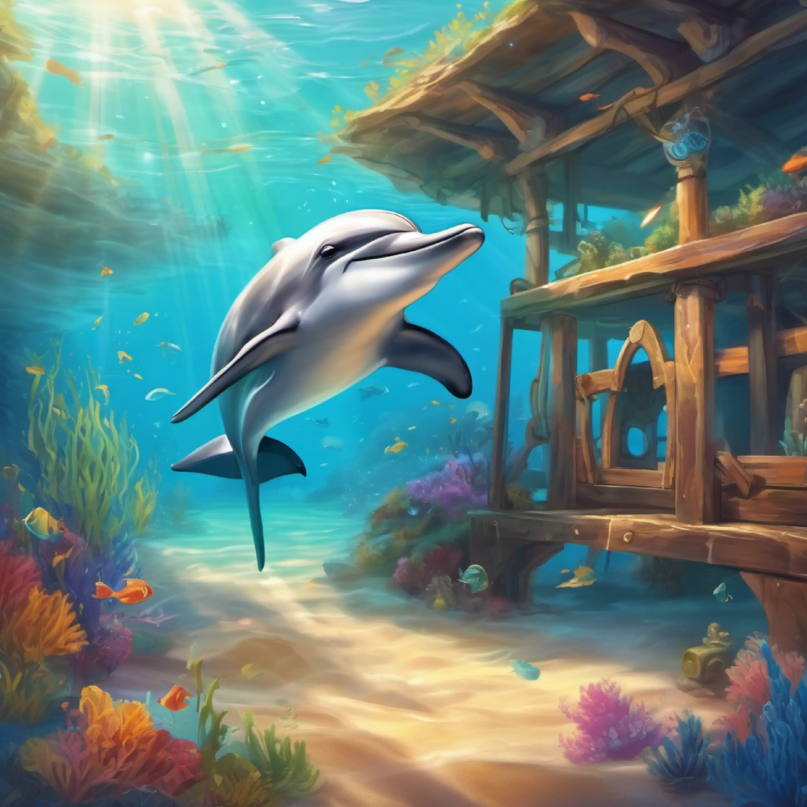 Cheerful dolphin, smooth shiny skin, bright eyes arrives at the shipwreck and spots a key.