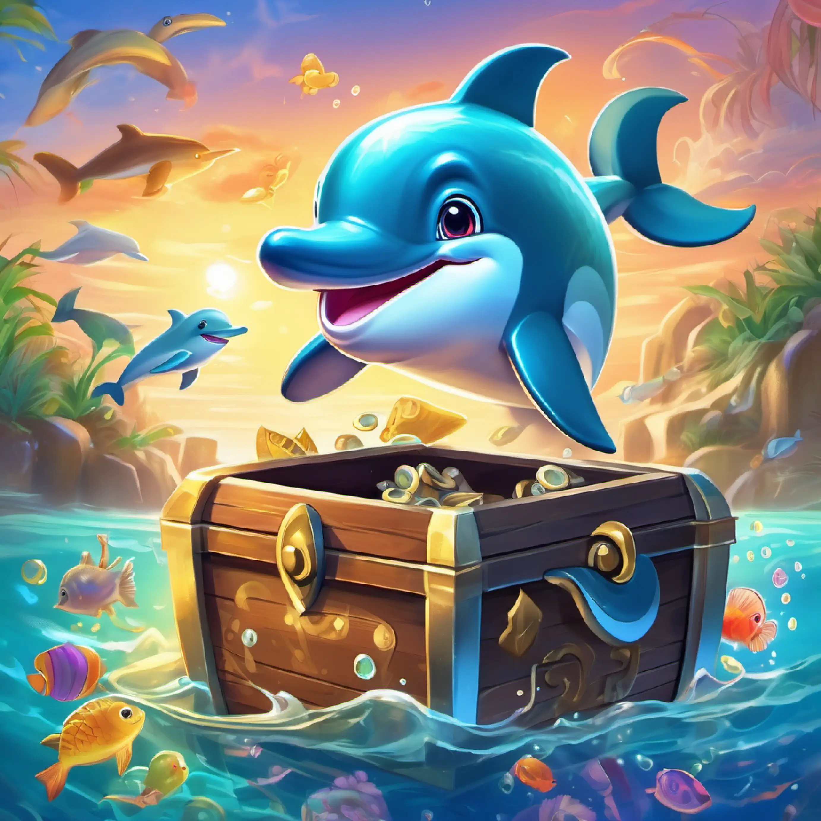 Cheerful dolphin, smooth shiny skin, bright eyes cleverly distracts the eel and opens a treasure chest.