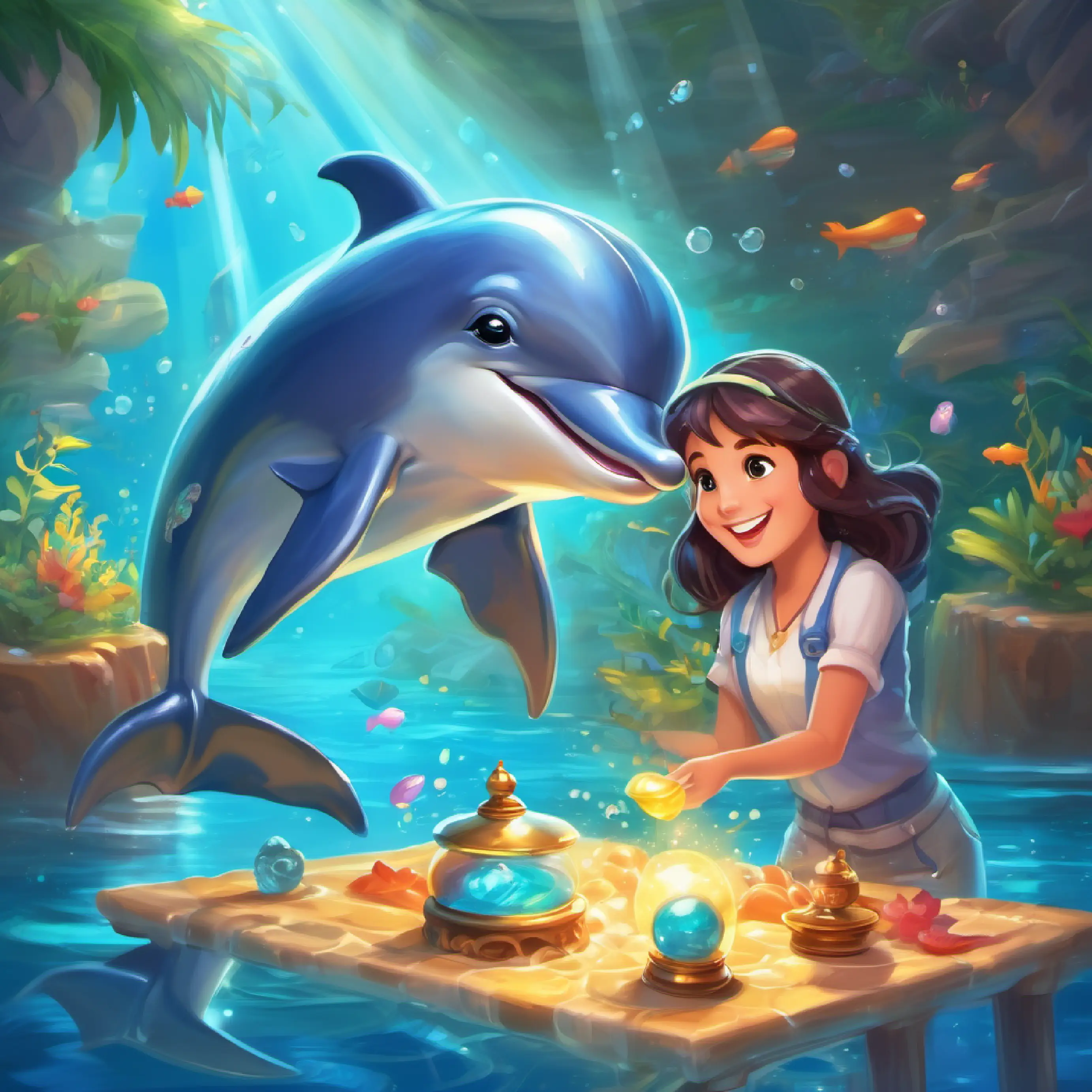 Cheerful dolphin, smooth shiny skin, bright eyes shares her treasure with friends and plays games.