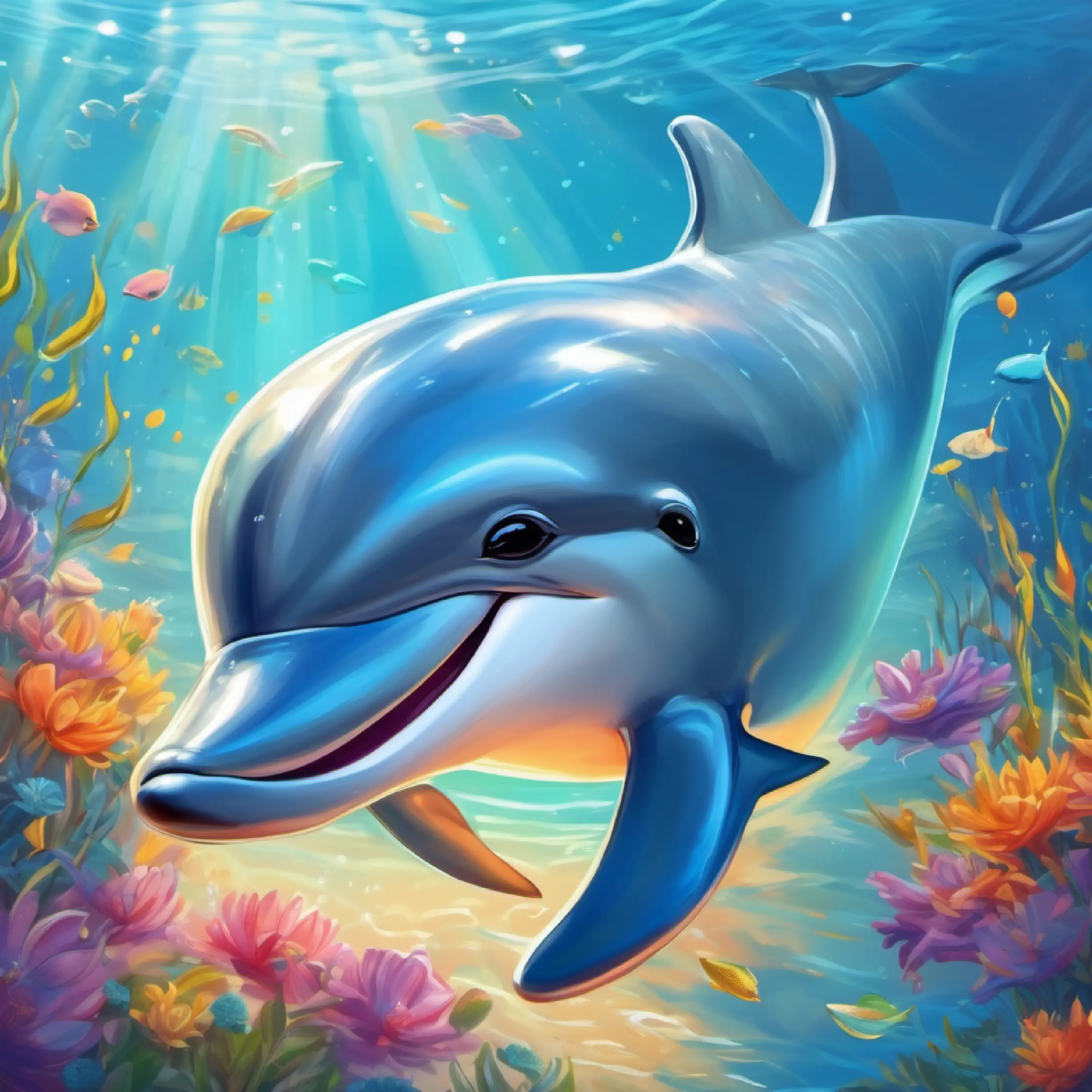 Cheerful dolphin, smooth shiny skin, bright eyes reflects on her day and the value of friends and fun.