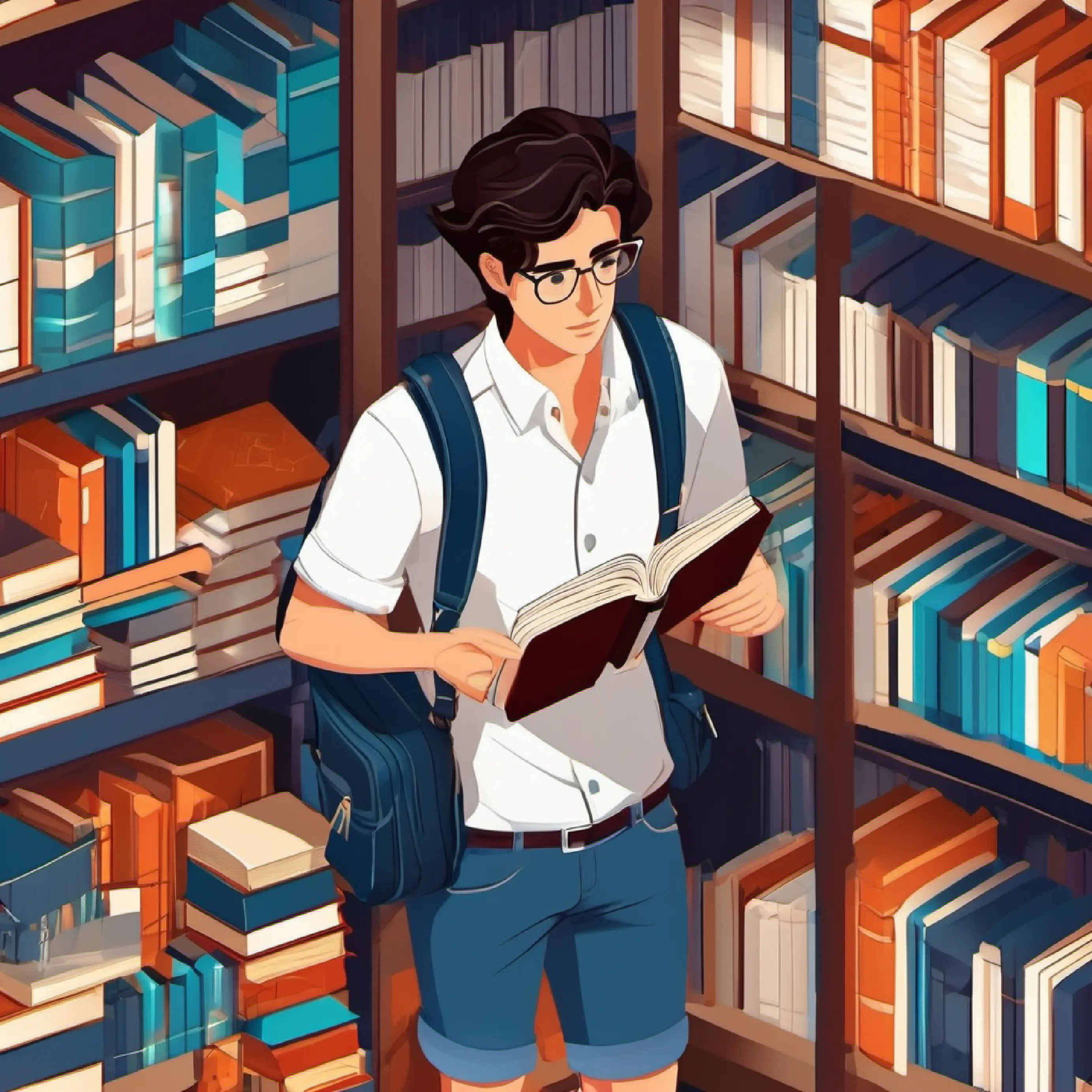 Dark hair, brown eyes, wears a simple shirt and shorts nervous about new books in his bag.