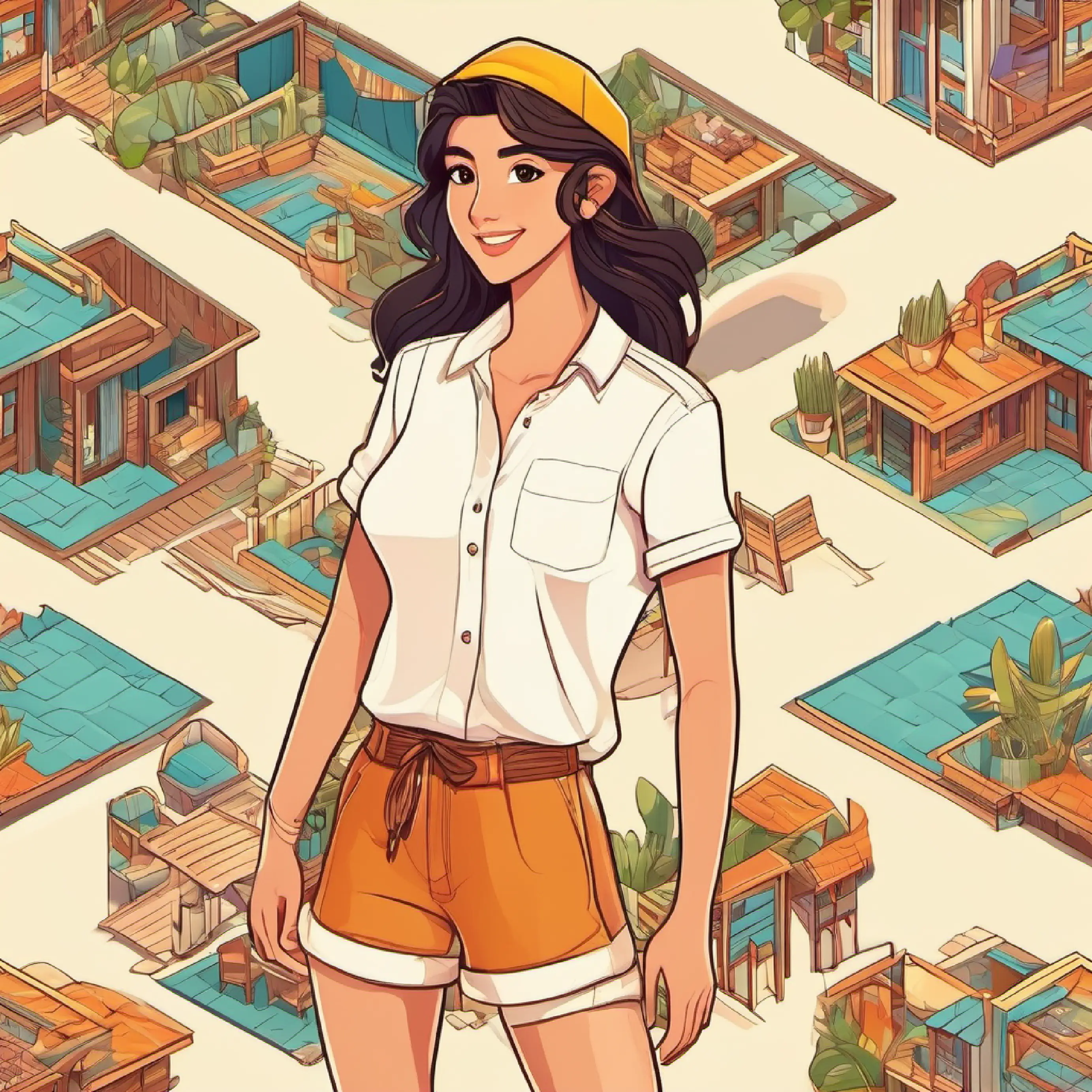Dark hair, brown eyes, wears a simple shirt and shorts feels relieved and happy with a new friend.