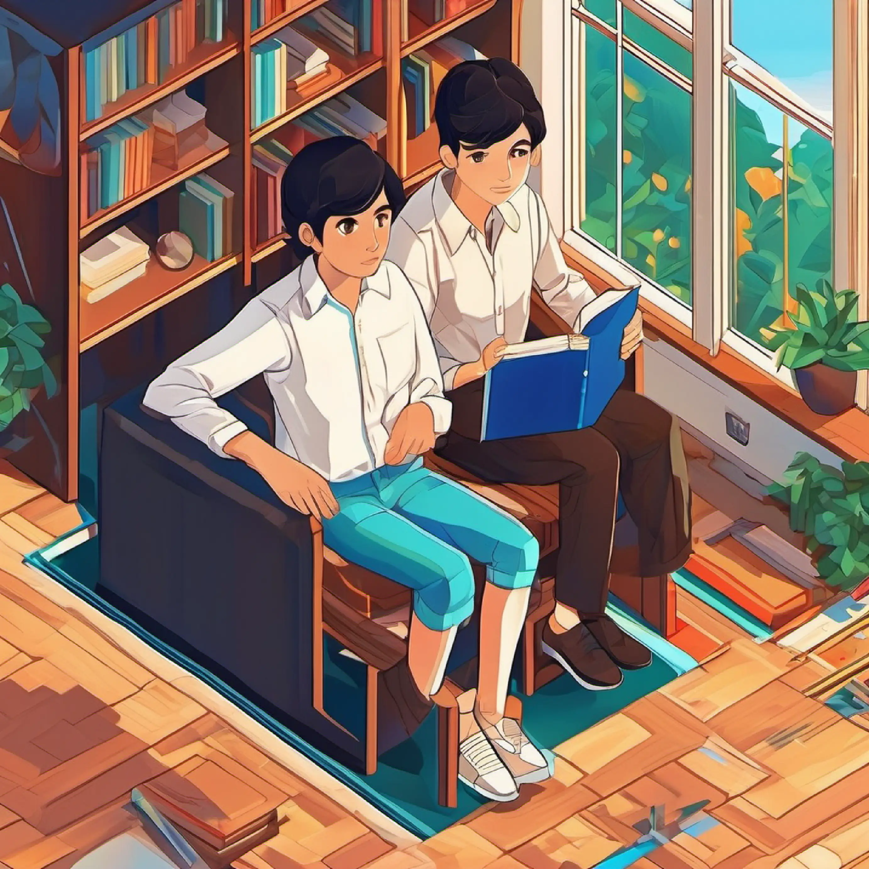 Dark hair, brown eyes, wears a simple shirt and shorts remembers his mother's advice about school.