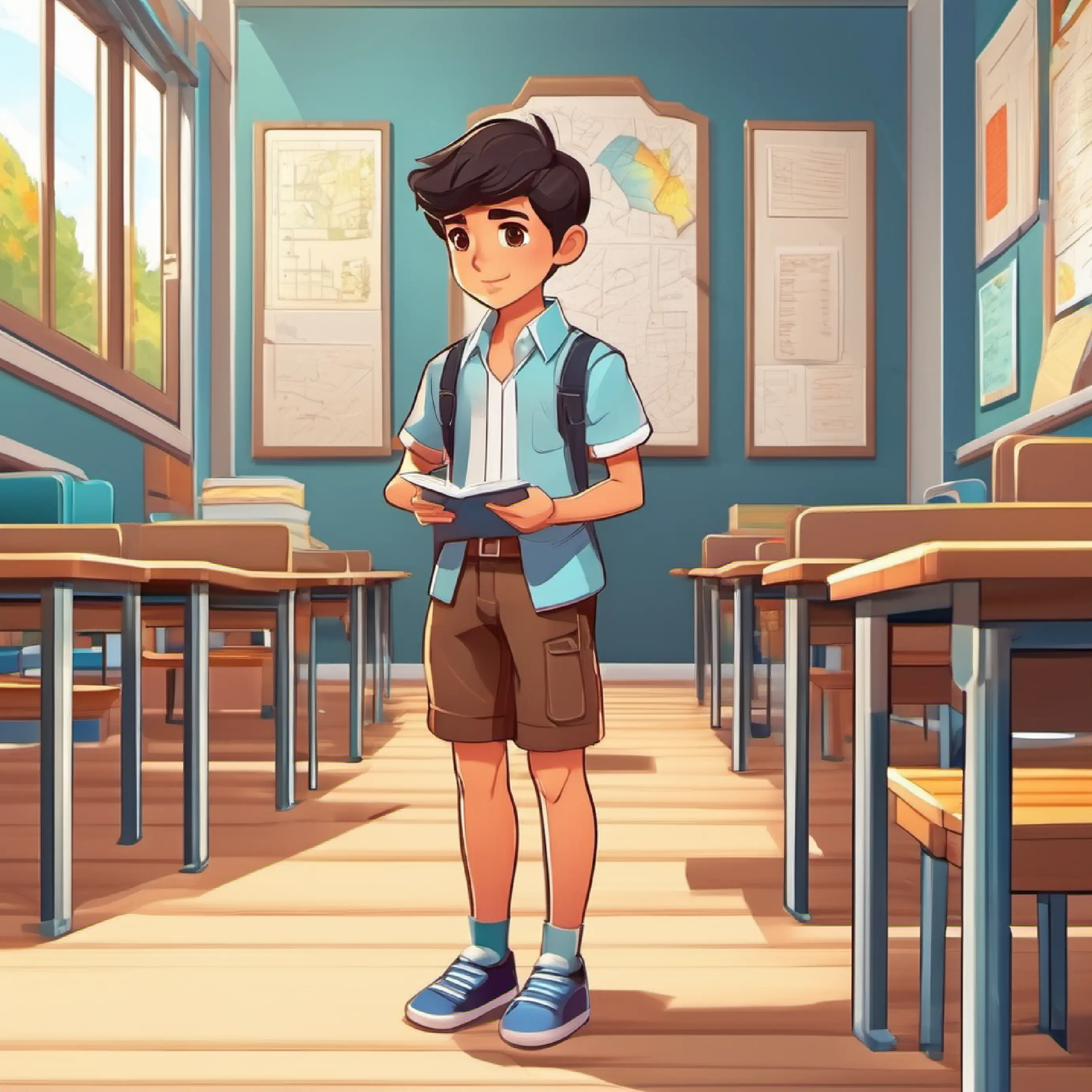 Dark hair, brown eyes, wears a simple shirt and shorts enters his new classroom, feeling anxious.