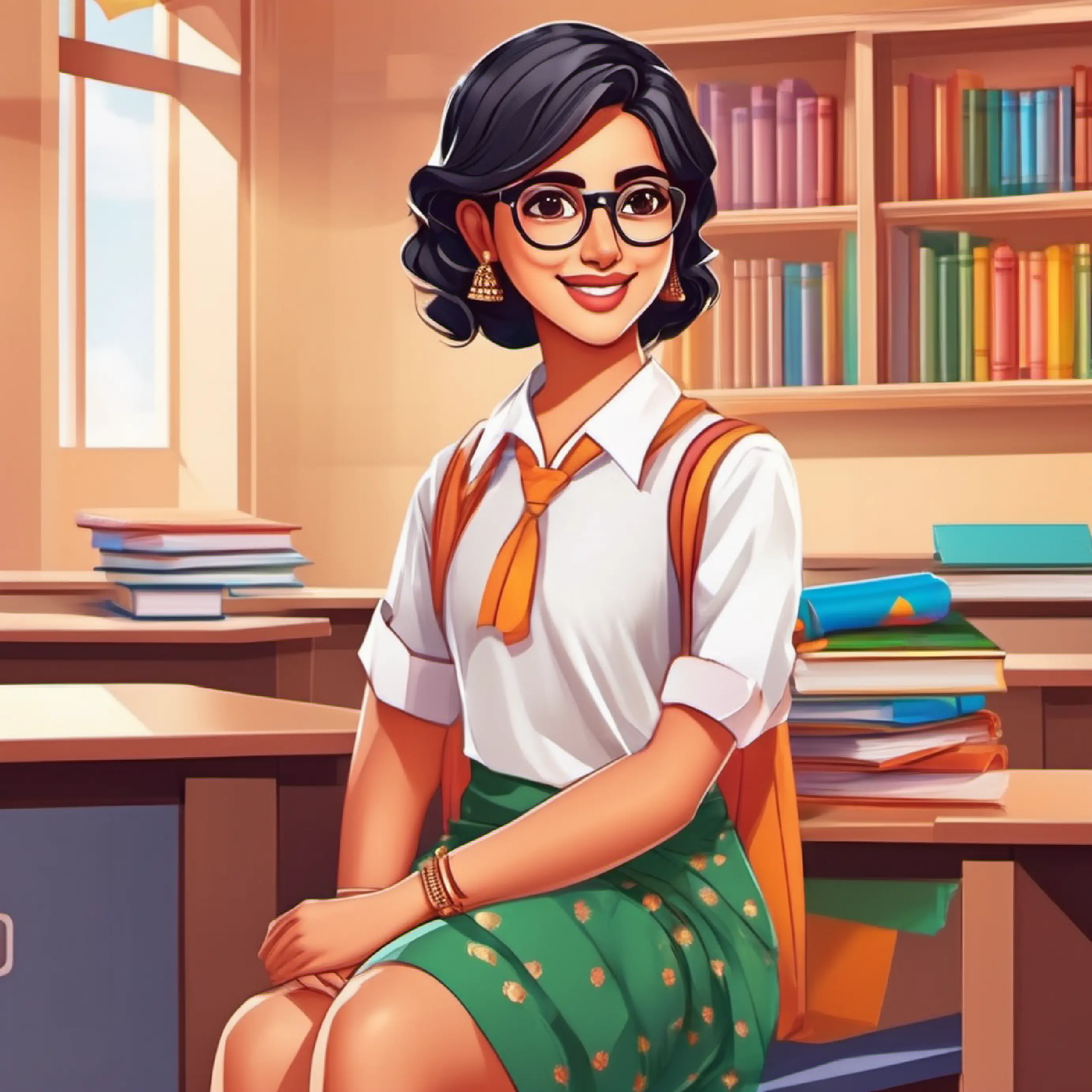 Short hair, glasses, kind expression, wearing a saree welcomes Dark hair, brown eyes, wears a simple shirt and shorts to the classroom.