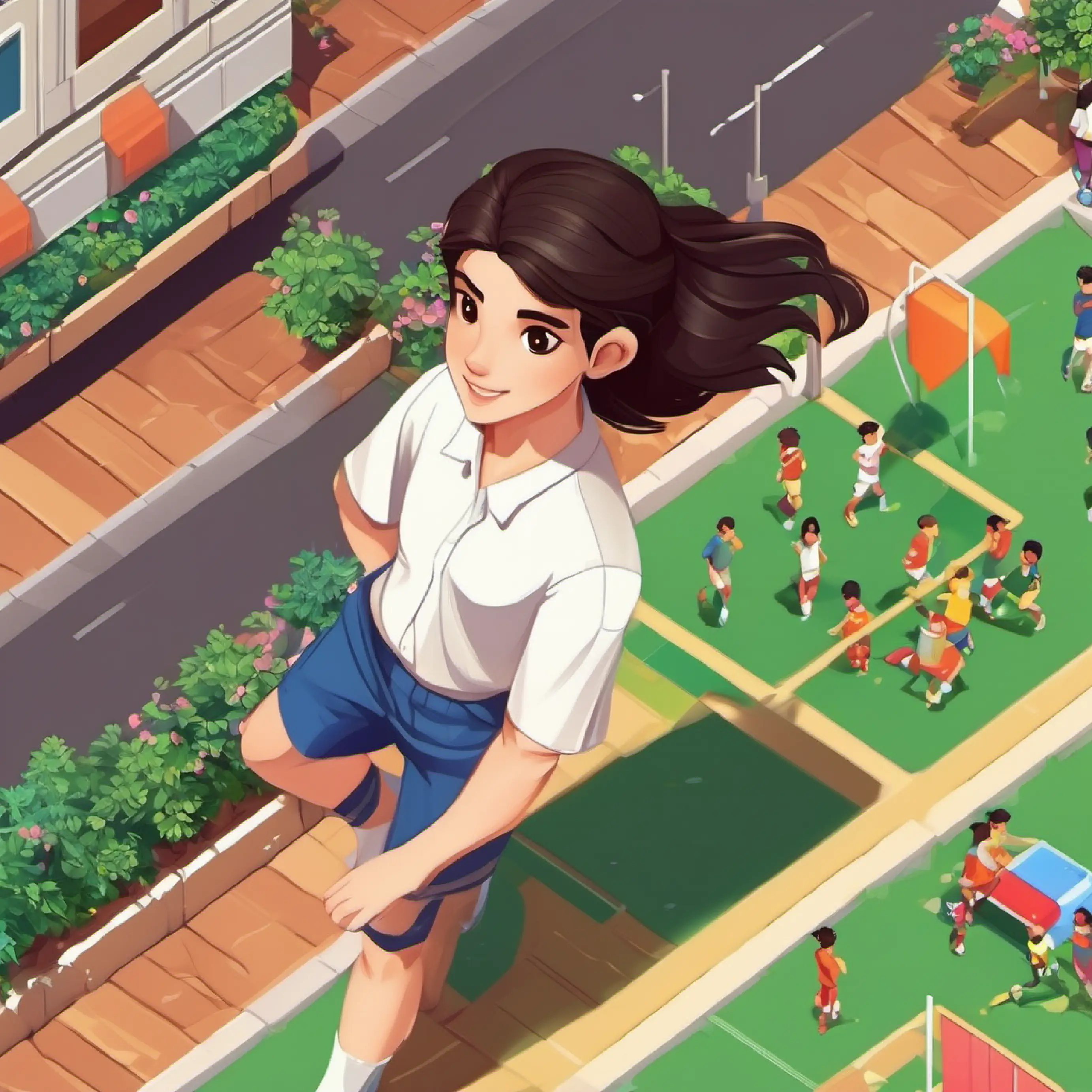 Dark hair, brown eyes, wears a simple shirt and shorts gets invited to play during recess.
