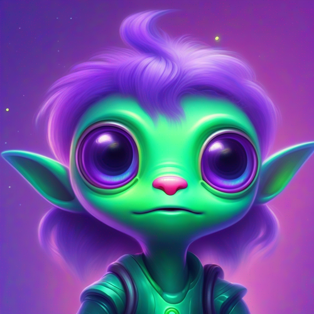 Friendly alien with purple skin, green hair, and big round eyes. is a friendly alien with purple skin and green hair.