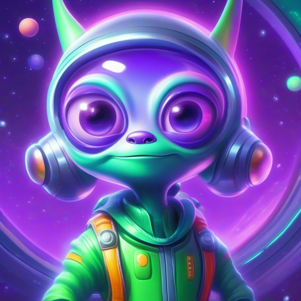 Friendly alien with purple skin, green hair, and big round eyes. arrives on Earth in his shiny silver spaceship.