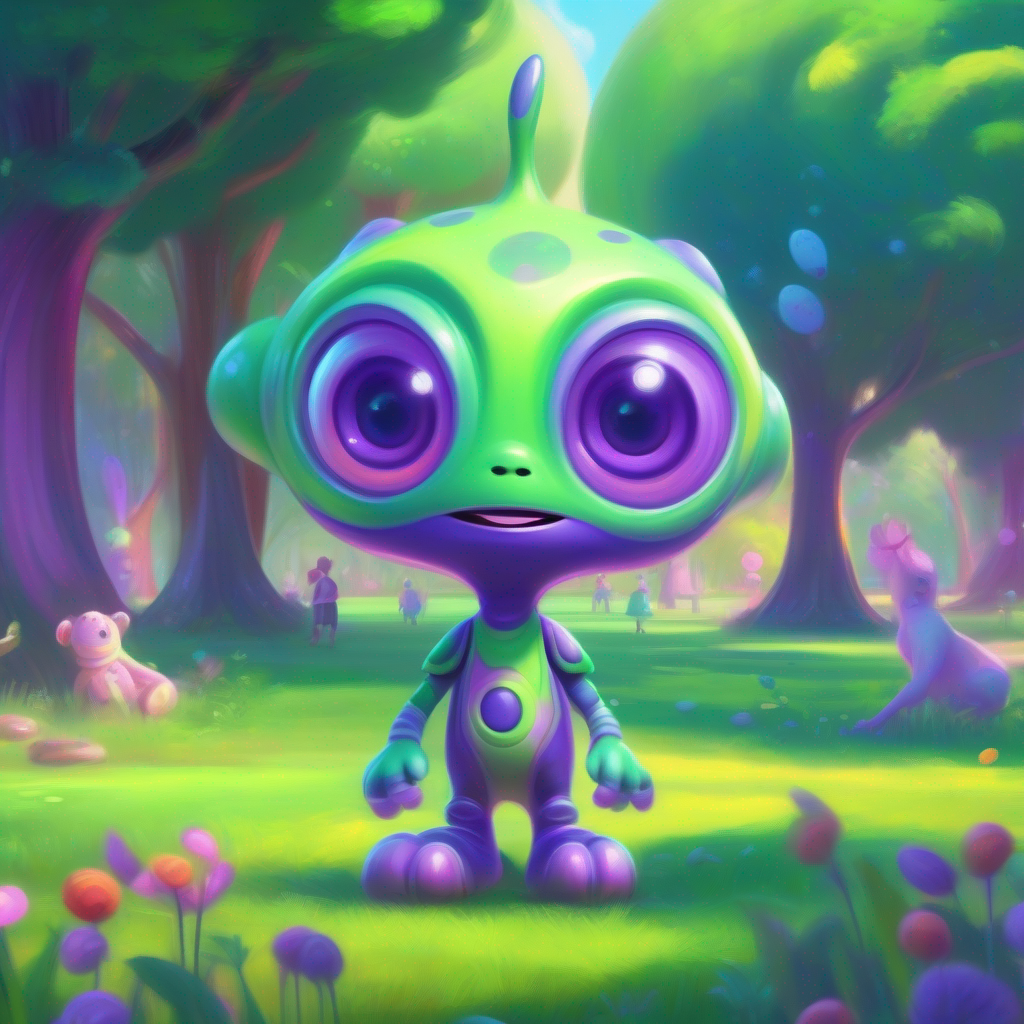 Friendly alien with purple skin, green hair, and big round eyes. sees children playing in the park.