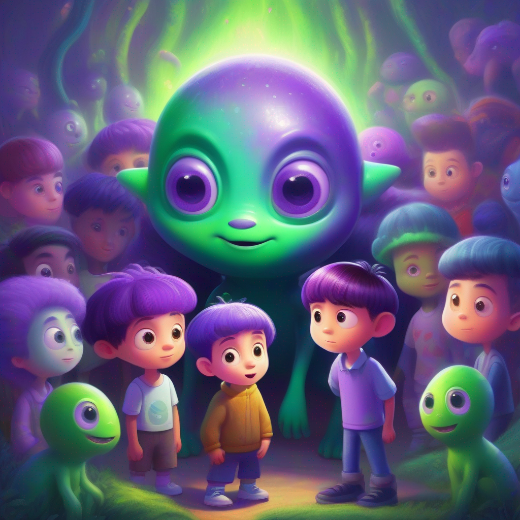 Children gather around Friendly alien with purple skin, green hair, and big round eyes., intrigued by his presence.