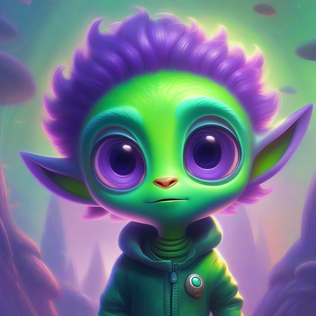 Friendly alien with purple skin, green hair, and big round eyes. listens attentively and becomes friends with the children.