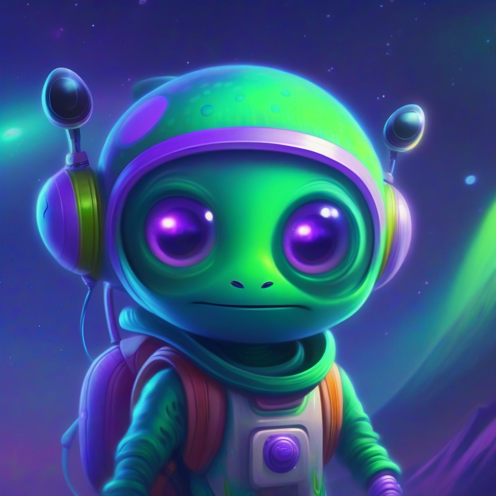 Friendly alien with purple skin, green hair, and big round eyes. uses a translator device to share his stories.