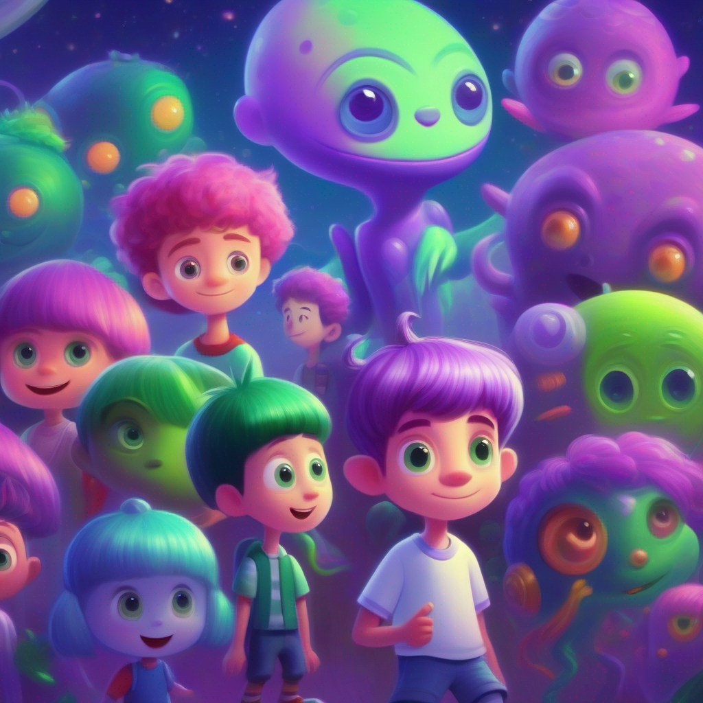 Children listen with enthusiasm and appreciate Friendly alien with purple skin, green hair, and big round eyes.'s stories.