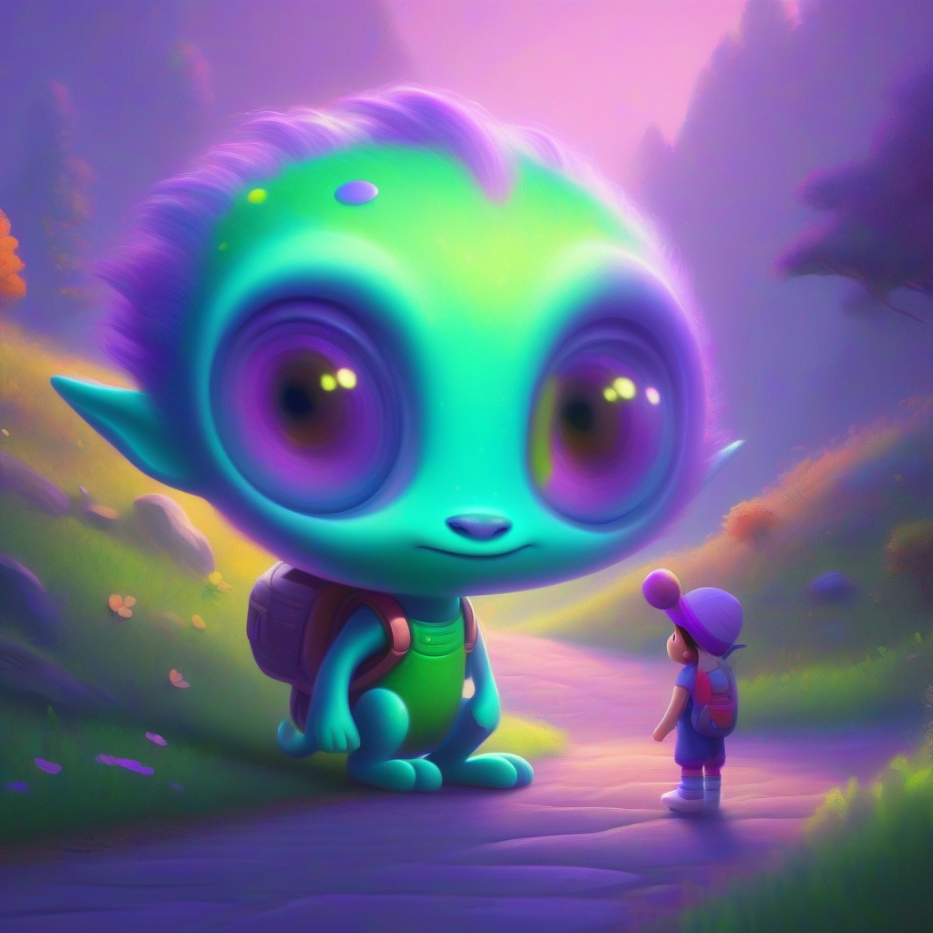 Friendly alien with purple skin, green hair, and big round eyes. says goodbye to the children, leaving them with a lesson.