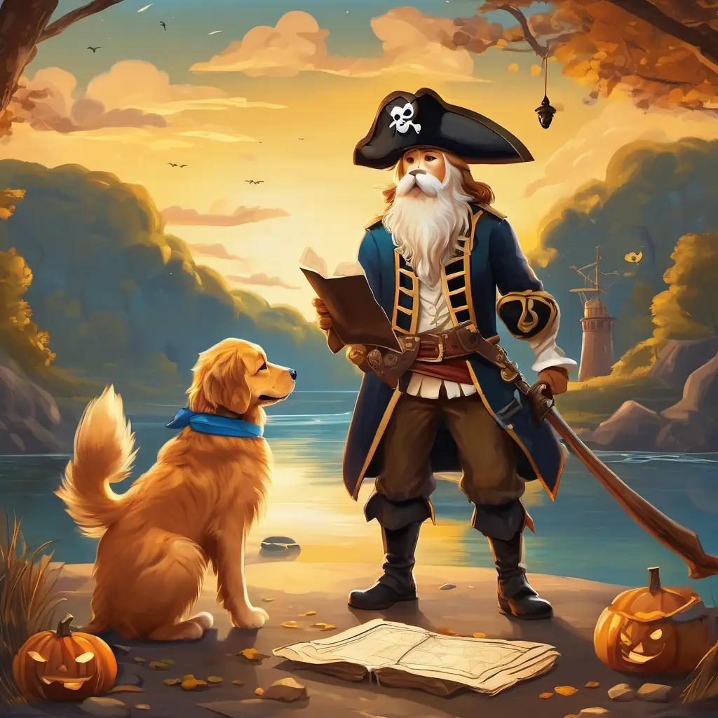 The bobcat and the golden retriever puppy standing near the river, holding a piece of parchment with a pirate map