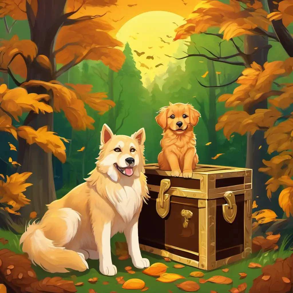 Friendly bobcat with soft furred coat, bright green eyes and Playful golden retriever puppy with golden fur and big brown eyes standing in front of a treasure chest surrounded by tall trees and chirping birds