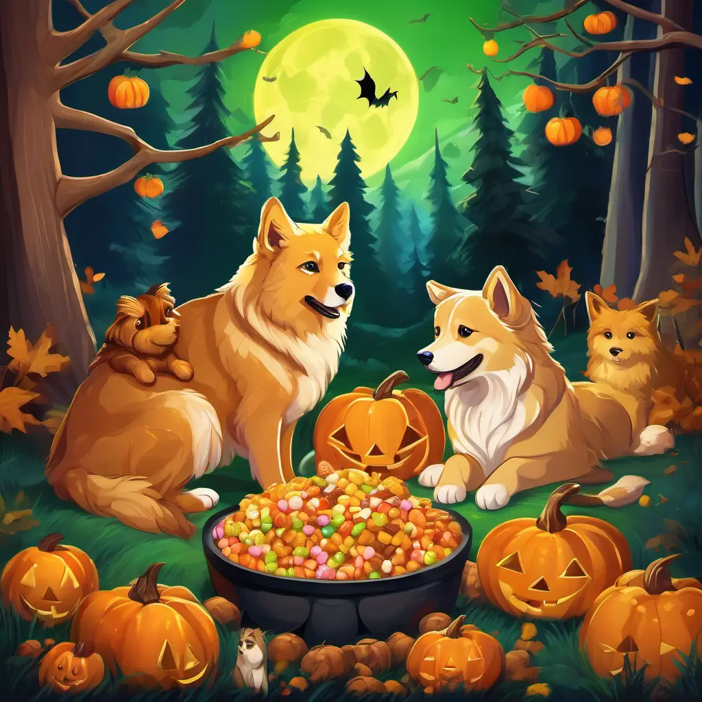 Friendly bobcat with soft furred coat, bright green eyes and Playful golden retriever puppy with golden fur and big brown eyes sitting happily together, surrounded by forest friends enjoying a candy feast
