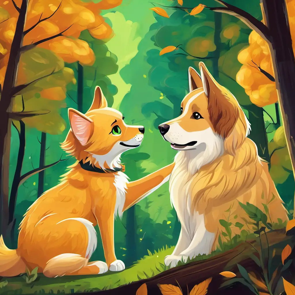 Friendly bobcat with soft furred coat, bright green eyes and Playful golden retriever puppy with golden fur and big brown eyes looking at each other with smiles, surrounded by forest friends
