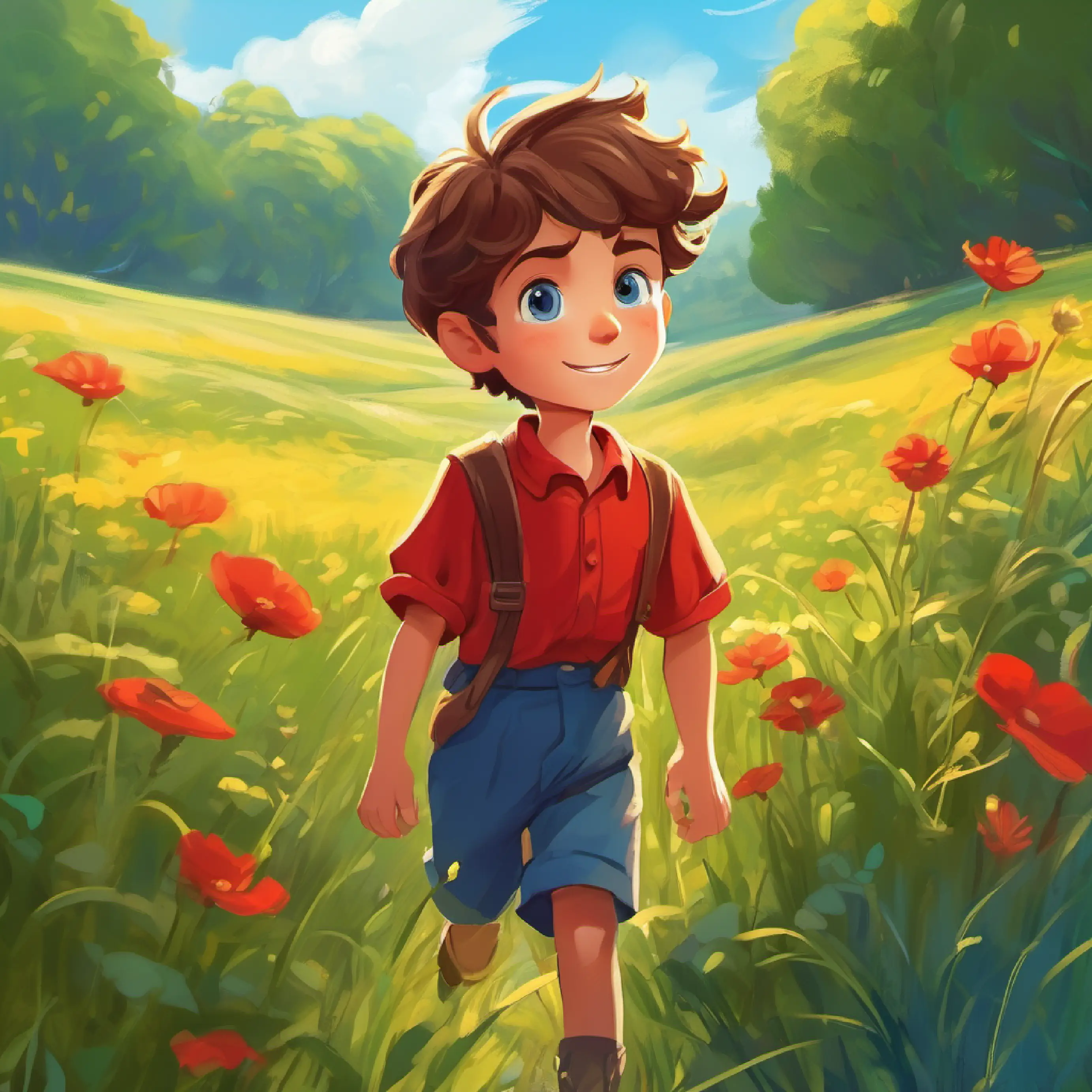 Curious boy, 8 years old, brown hair, blue eyes, wears a red shirt playing in a meadow, introduction scene, sunny day