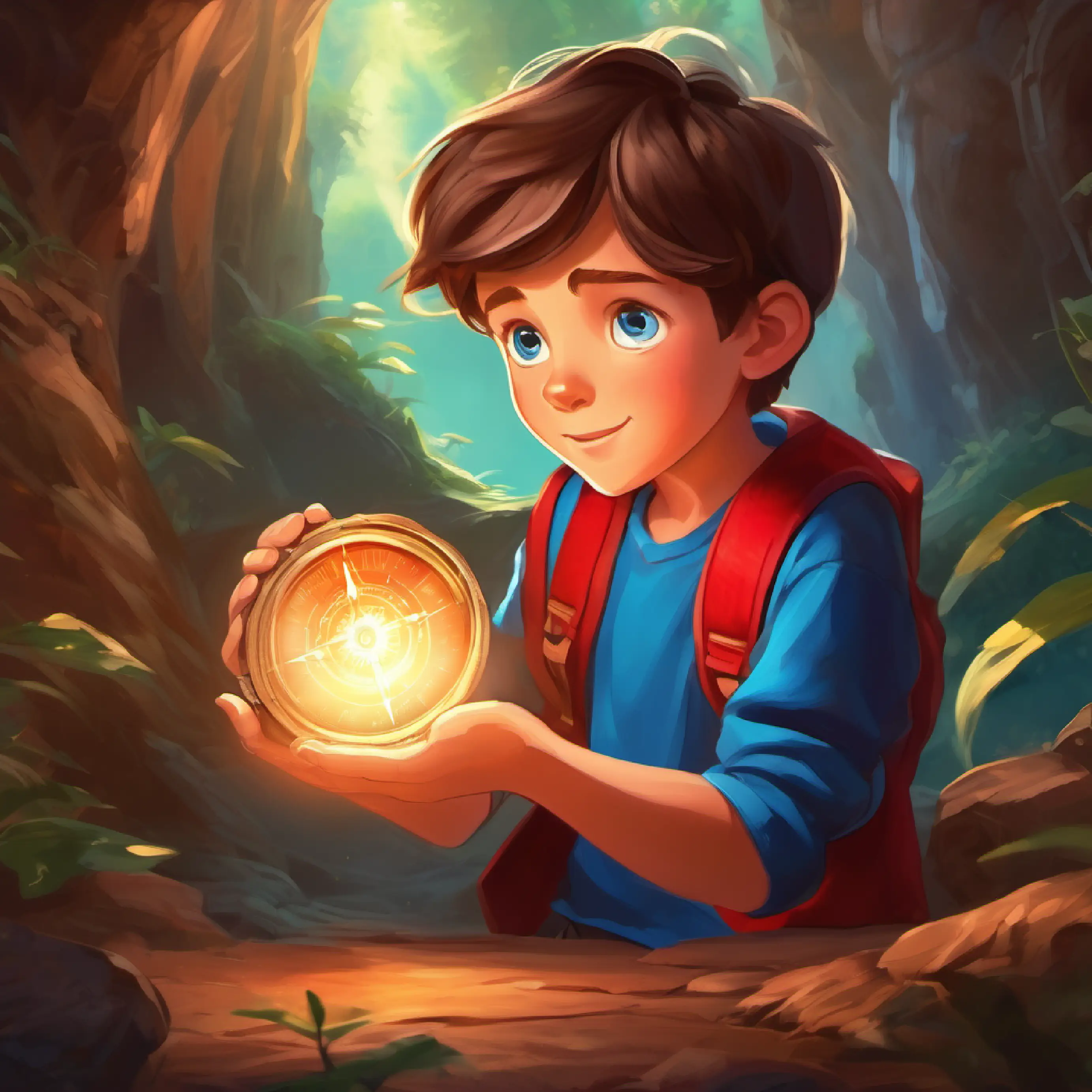 Curious boy, 8 years old, brown hair, blue eyes, wears a red shirt surprised by glowing compass, transition to magical world