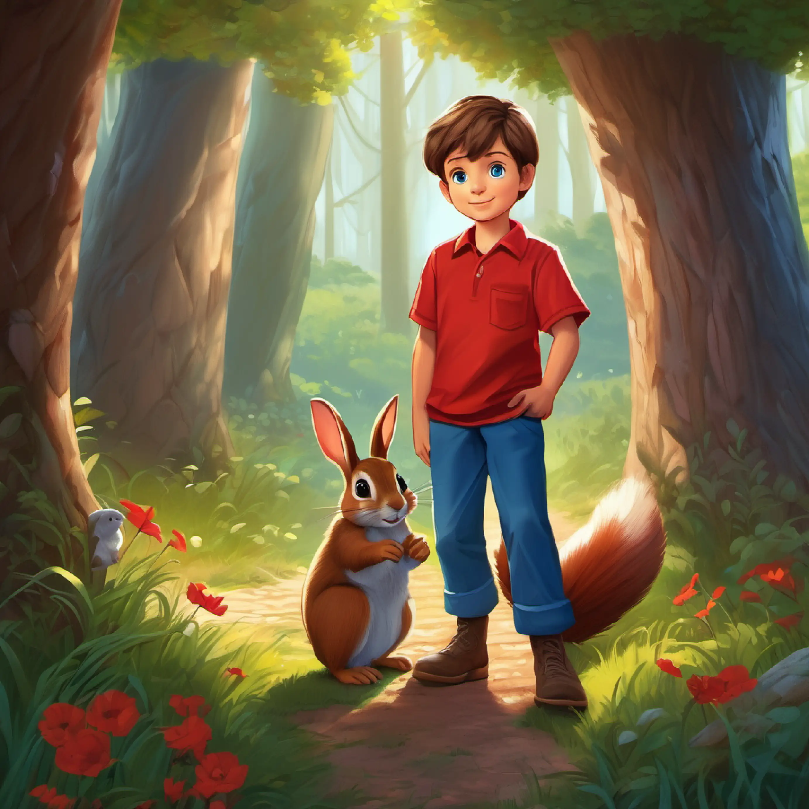 Curious boy, 8 years old, brown hair, blue eyes, wears a red shirt helping animals, rabbit's burrow, squirrel's tree