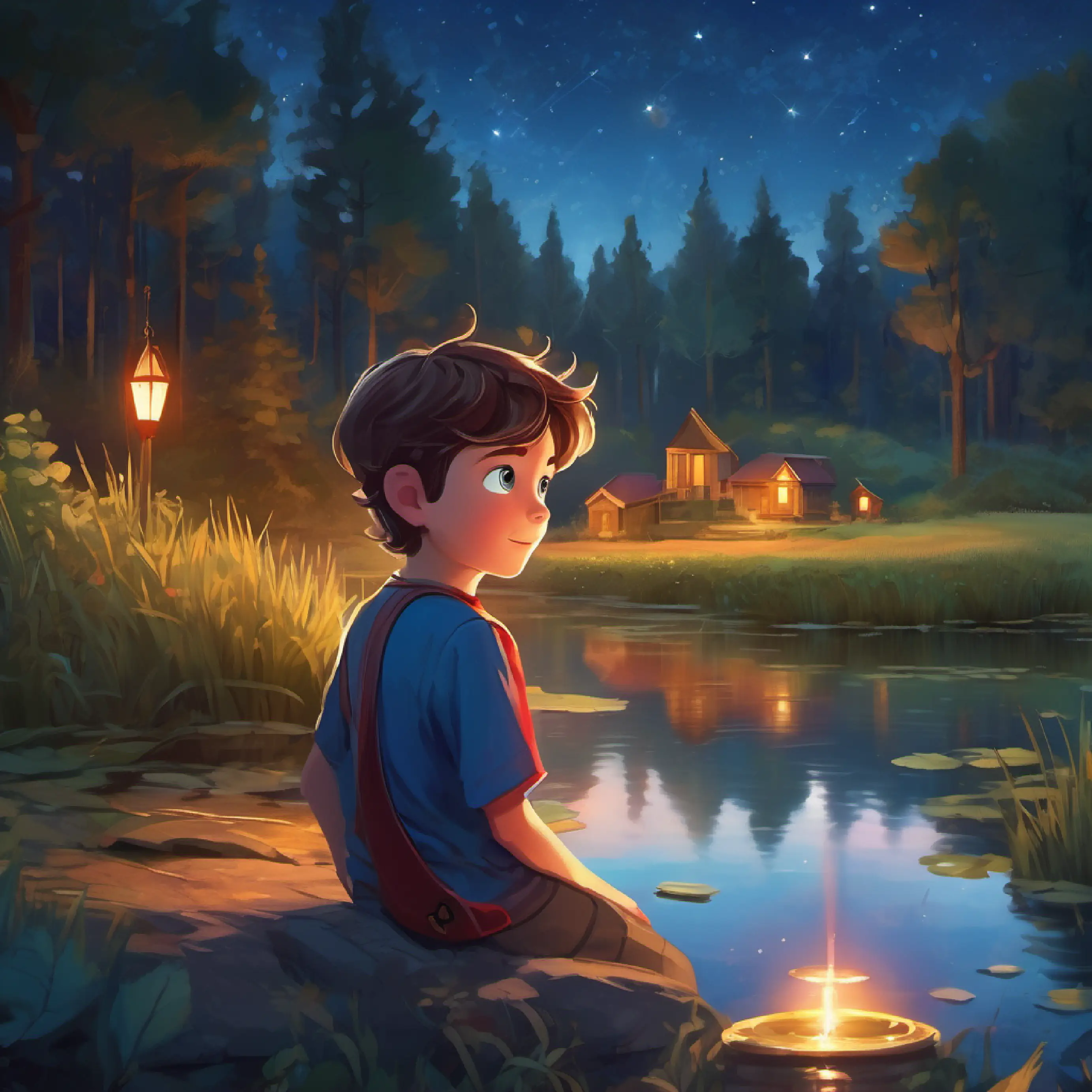 Curious boy, 8 years old, brown hair, blue eyes, wears a red shirt following the compass, starry pond at twilight