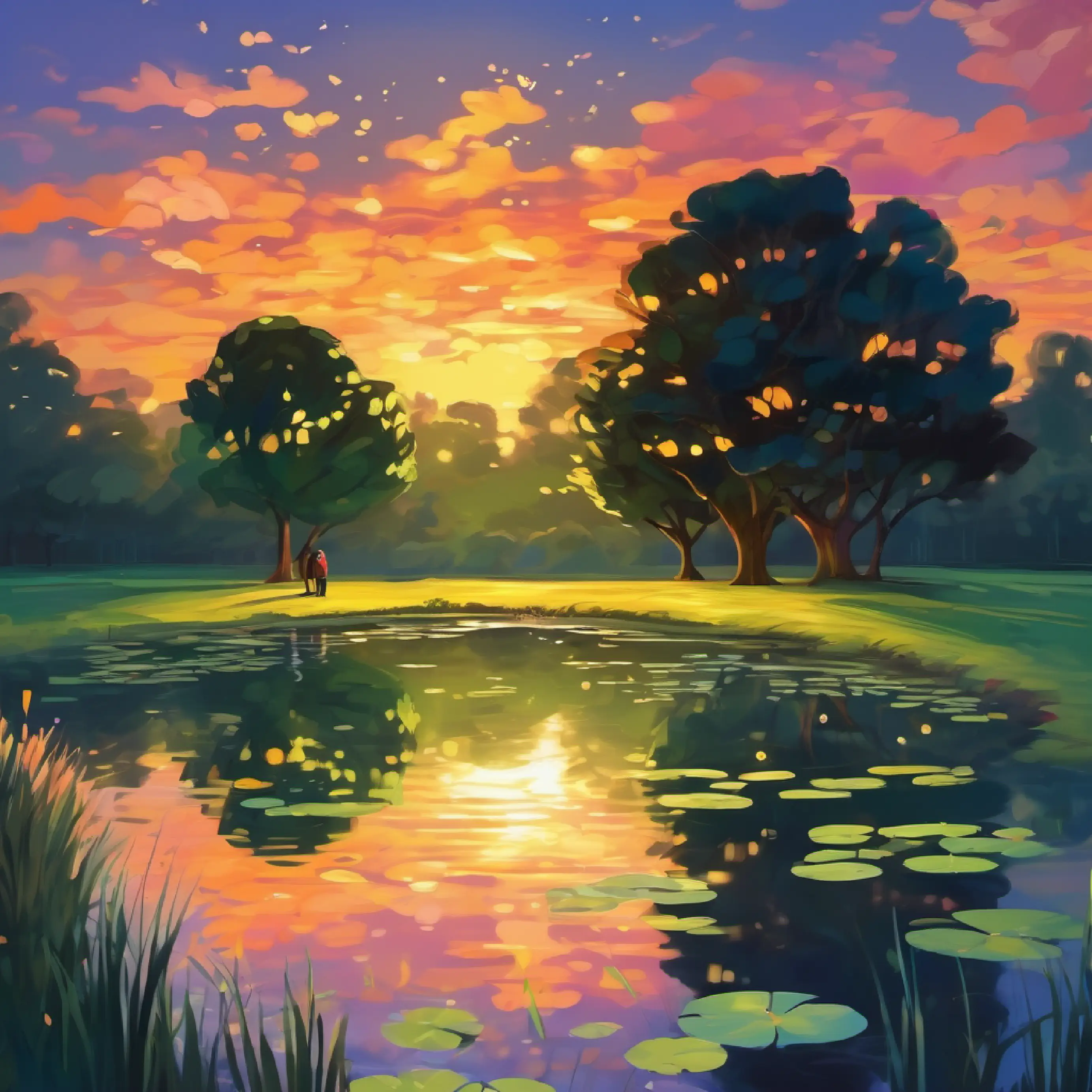 Pond reflecting faces of the friends, night setting