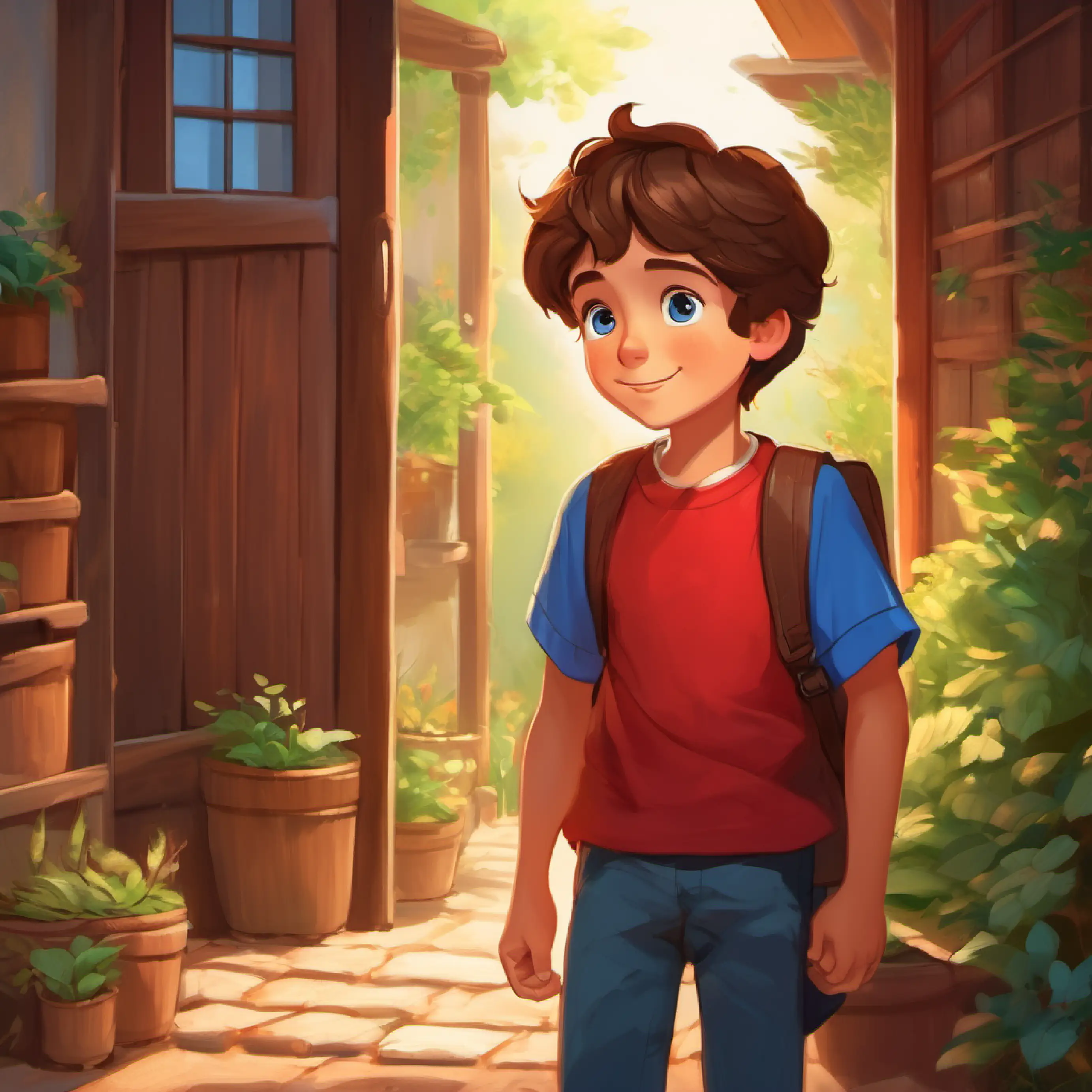 Curious boy, 8 years old, brown hair, blue eyes, wears a red shirt returns home, sharing his story, warm family scene
