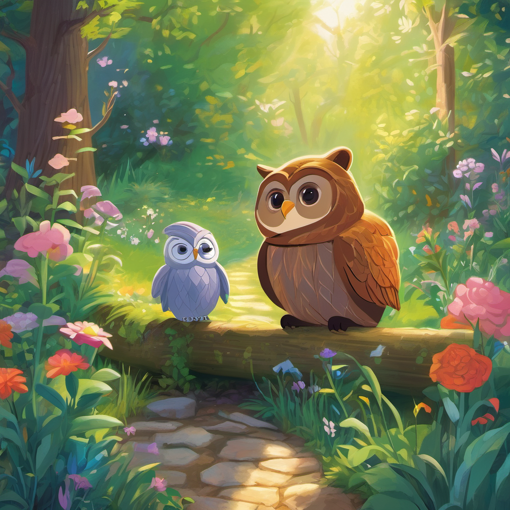 Emma soon discovered that the Enchanted Eraser led her to a wise old owl named Oliver. Oliver explained that the garden was a place where sad thoughts could be erased and replaced with happy ones. The Enchanted Eraser's true power was not just to remove negativity but to promote positivity in the world. Excited to try this new power, Emma and Oliver ventured through the magical garden, encountering different animals along the way. They met a grumpy bear who had lost his favorite toy. With the power of the Enchanted Eraser, Emma transformed the bear's gloomy thoughts into hopeful ones, and the bear quickly found his toy.