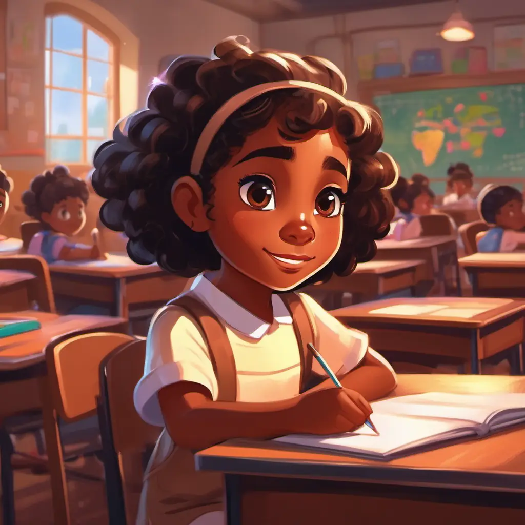 A girl with dark brown skin and big, sparkly brown eyes in class, setting the classroom environment.