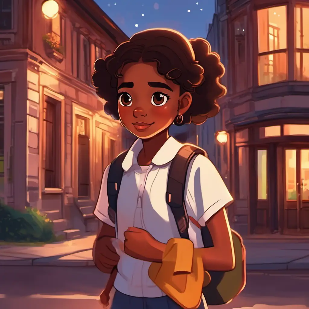 A girl with dark brown skin and big, sparkly brown eyes walking home and chatting with her friends, setting the end of the school day.