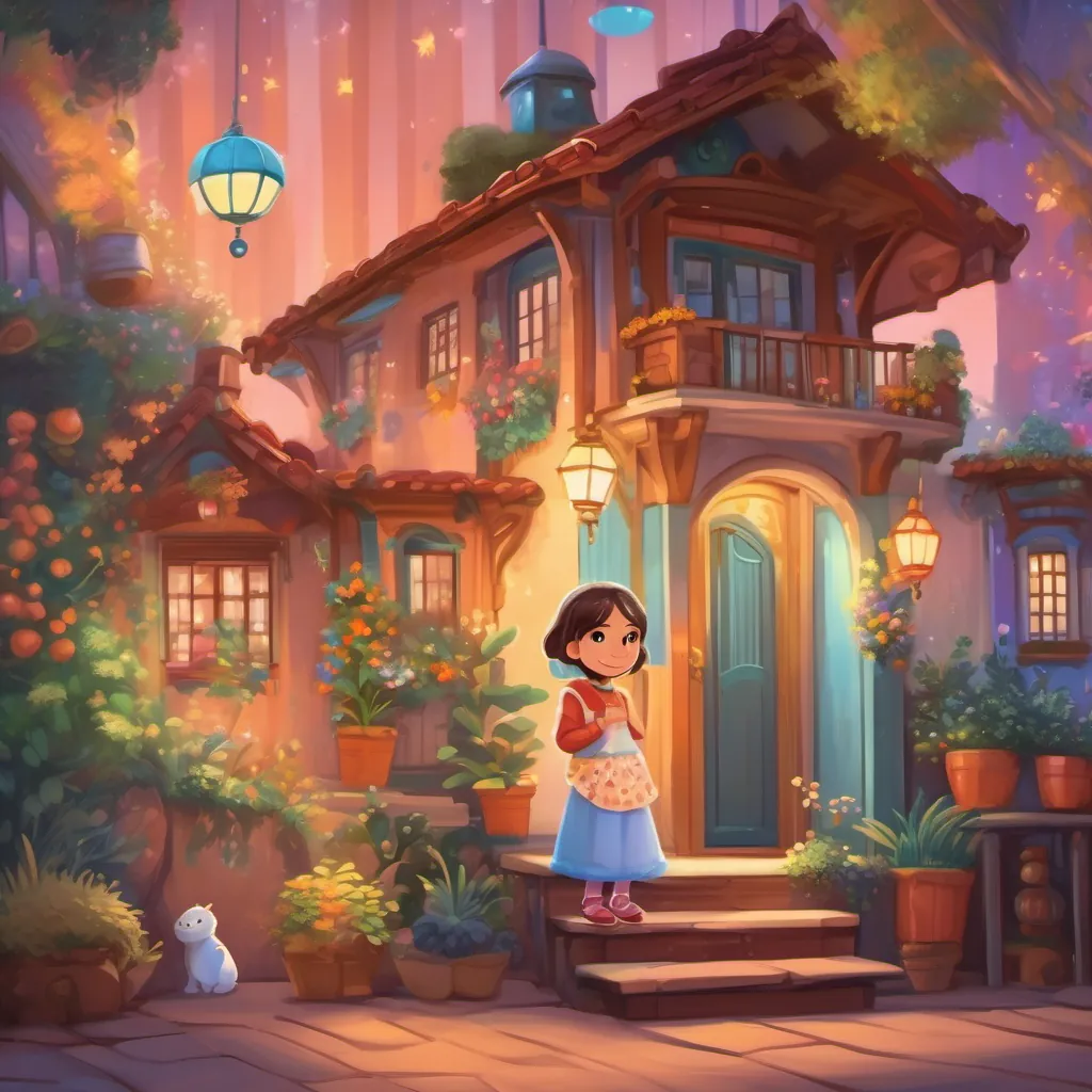 A whimsical, cozy house with colorful walls and a small girl named A young girl with twinkling eyes and a playful smile, full of energy and imagination with twinkling eyes and a playful expression.