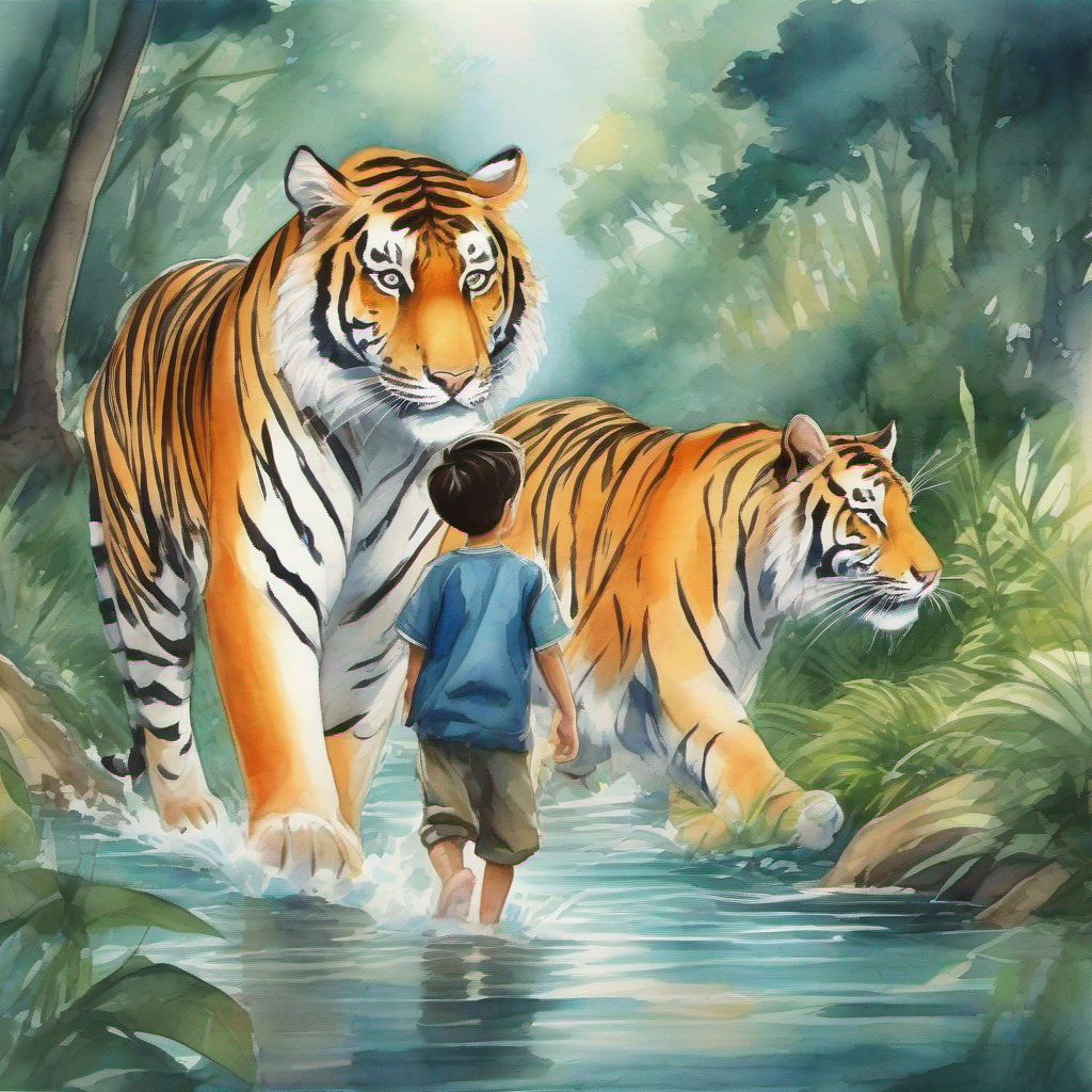 Tall and adventurous boy, mischievous smile and Beautiful and determined girl, twinkling eyes encounter a tiger and escape by crossing a river.