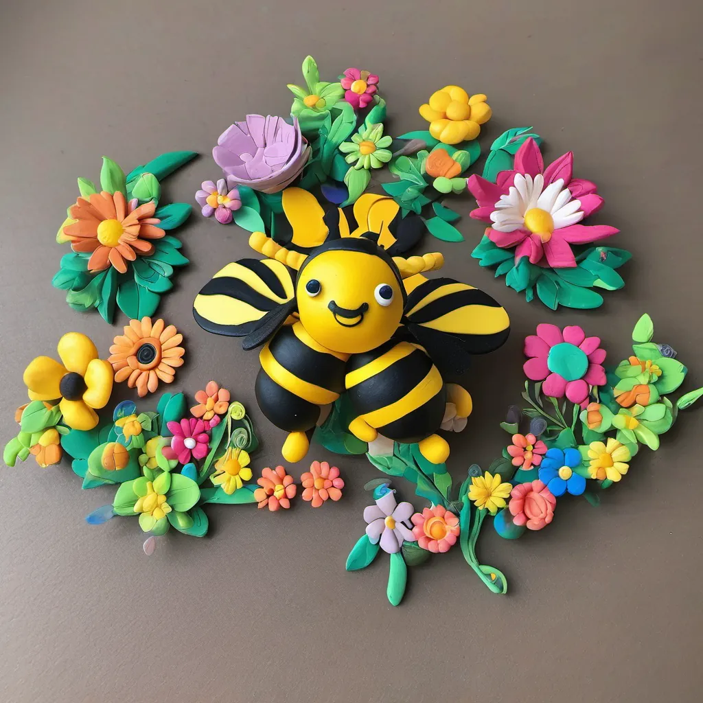 A bumblebee zipping from colorful flower to flower, displaying hints of struggle but determination.