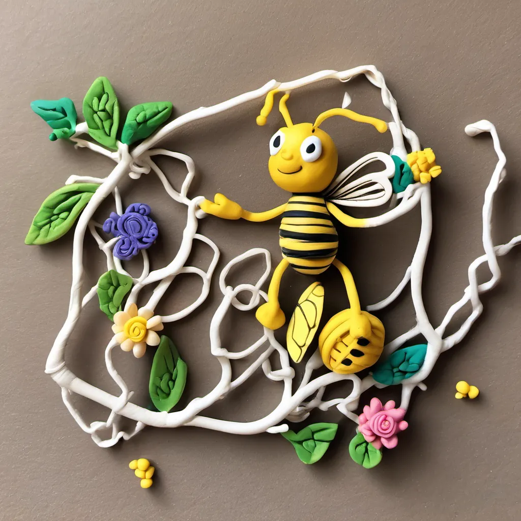 A tiny bee navigating through obstacles like tangled vines and tricky spider webs, always moving forward.