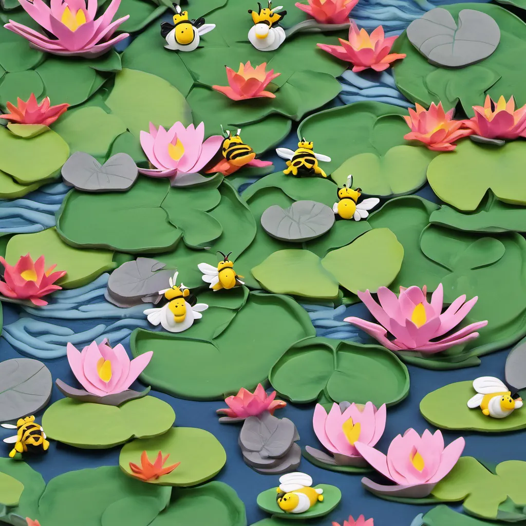 Bees flying in harmony while frogs croak skeptically from lily pads in a quiet pond.