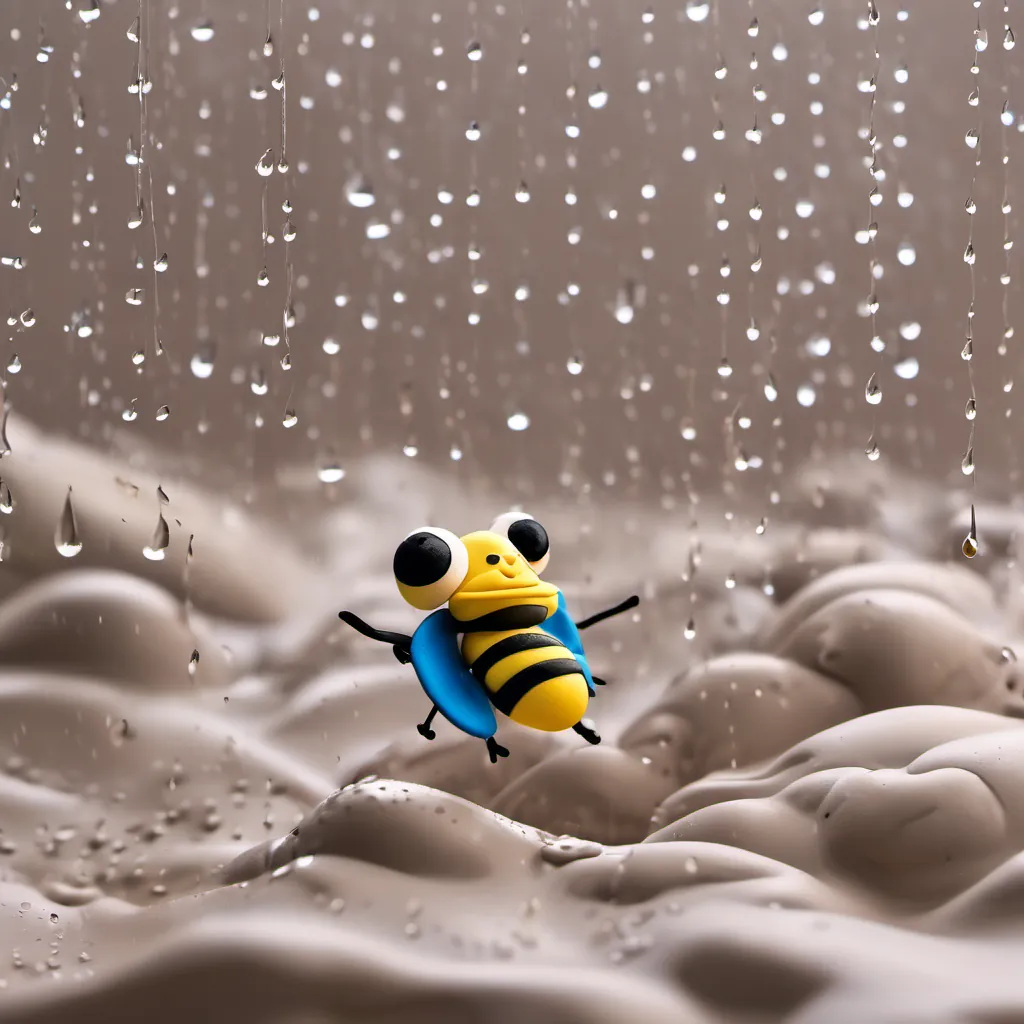 Buzz flying through a rainstorm, droplets falling from the sky, determined to reach a dry and sunny place.