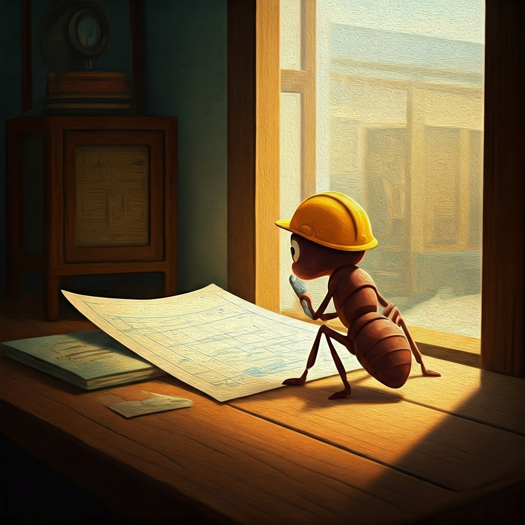 a cartoon ant wearing a construction hat looking at a blueprint
