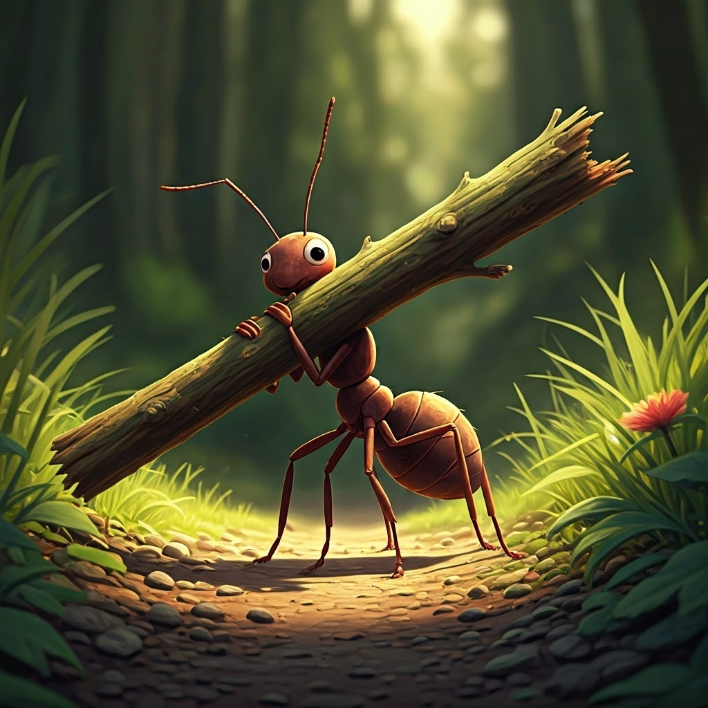 a cartoon ant carrying a large twig on his back
