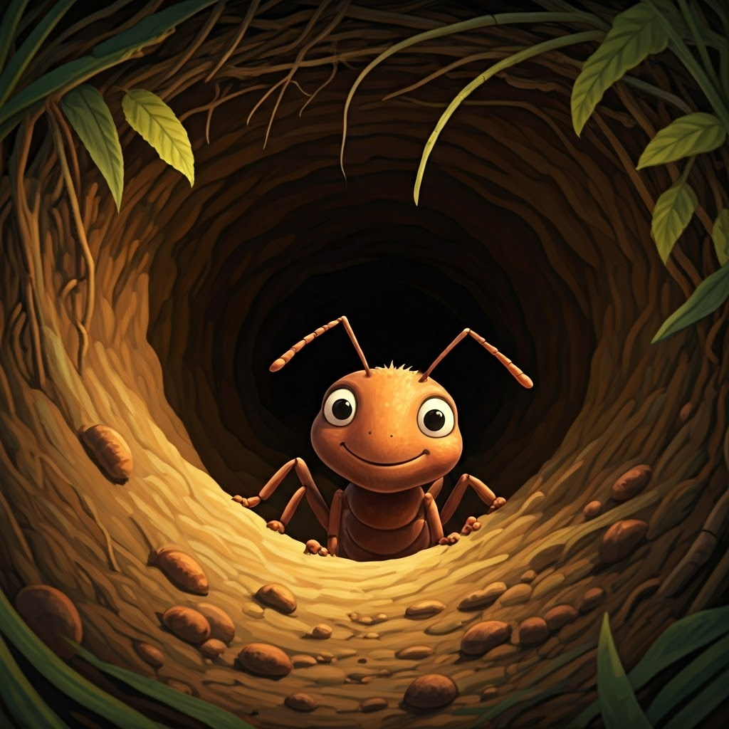 a cartoon ant peeking out of the anthill with a warm smile