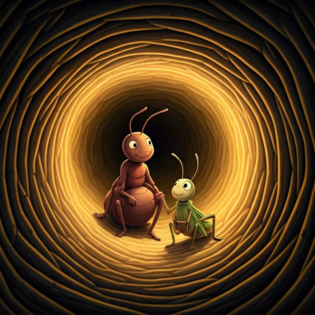 the ant and the cricket sitting inside the cozy anthill, smiling