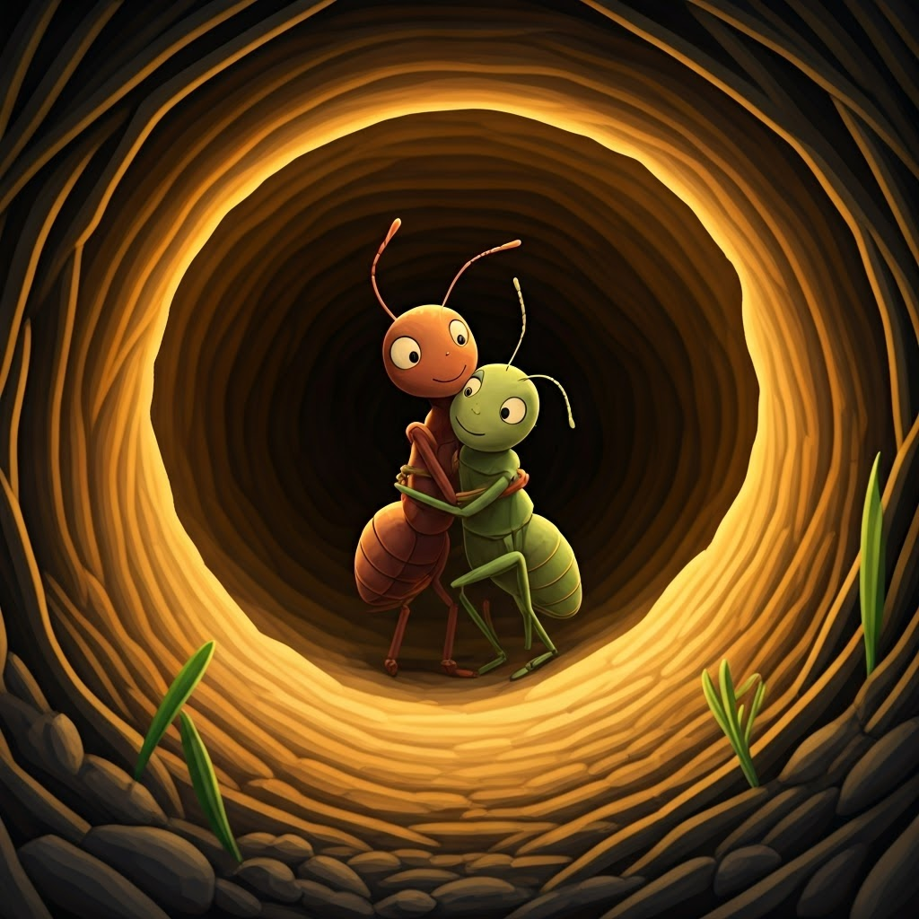 the ant and the cricket hugging inside the anthill