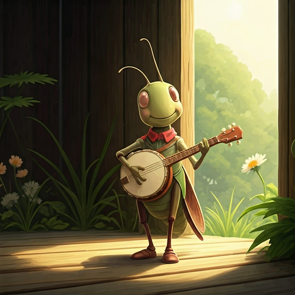 a cartoon cricket playing a banjo and smiling