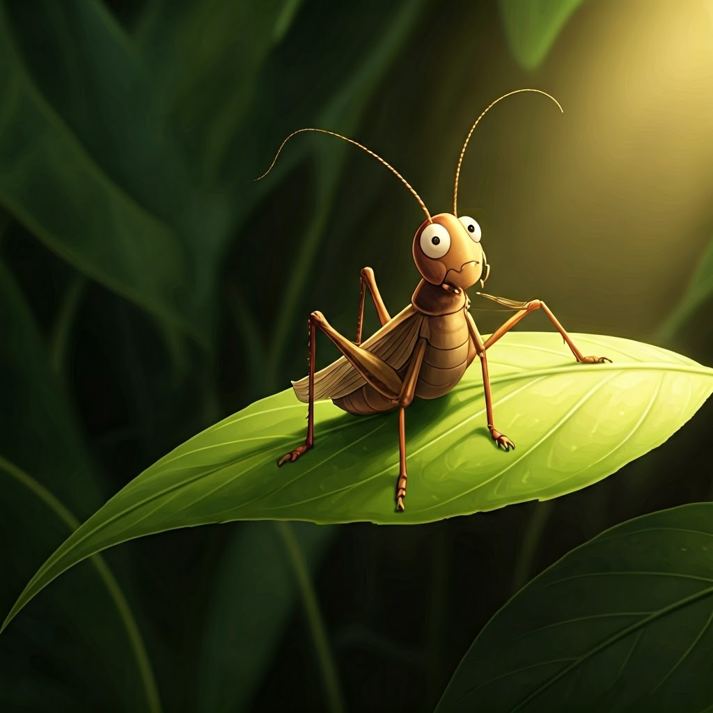 a cartoon cricket relaxing on a leaf