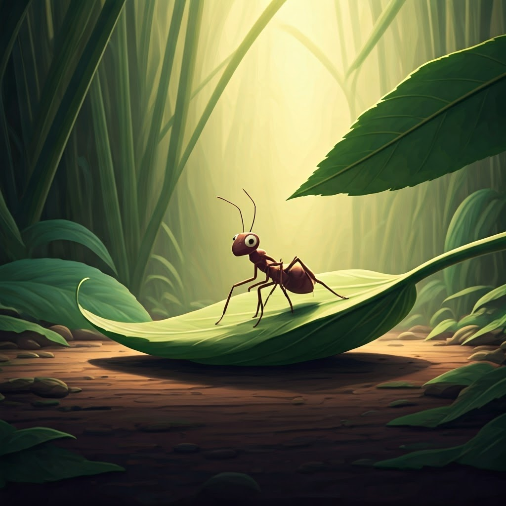 a cartoon ant rolling a giant leaf with a determined expression