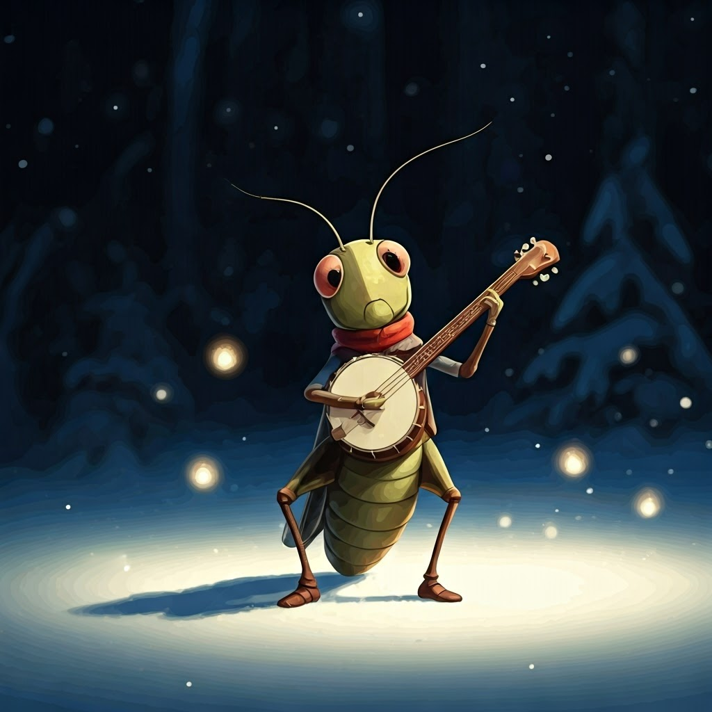a cartoon cricket playing the banjo as snowflakes fall around him