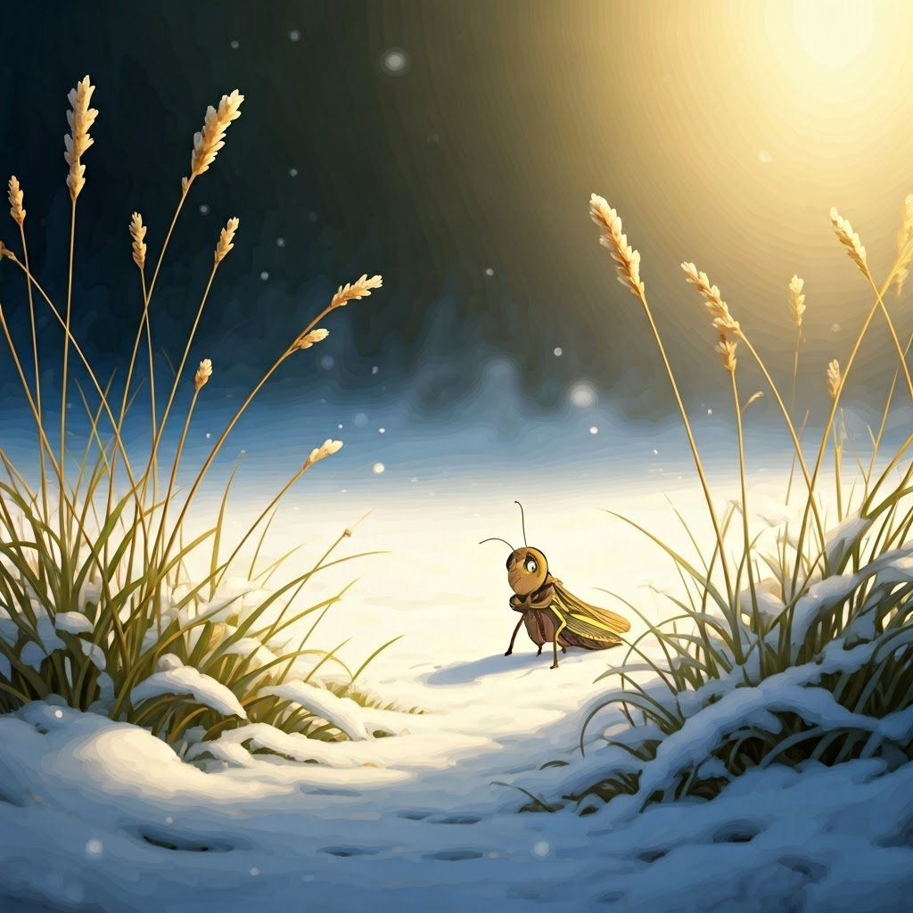 a snowy meadow with a small cricket shivering in the cold