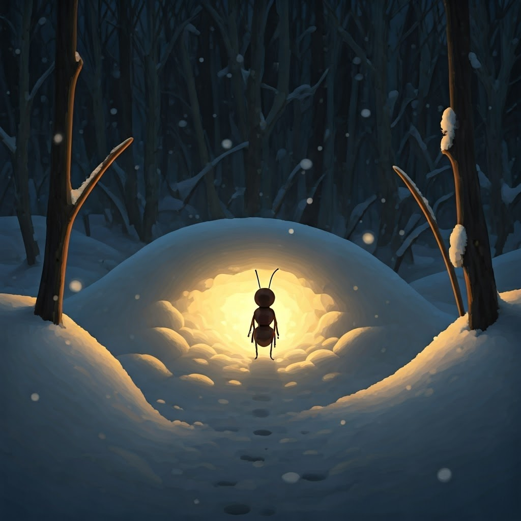 a warm and inviting anthill glowing in the snow