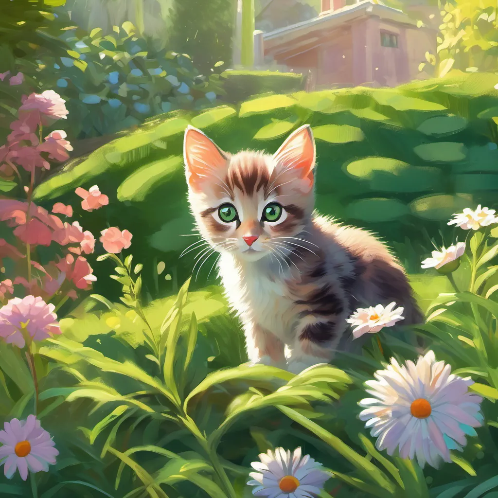 A tiny tabby kitten with big curious eyes stands at the edge of a vibrant green garden under a bright sun.