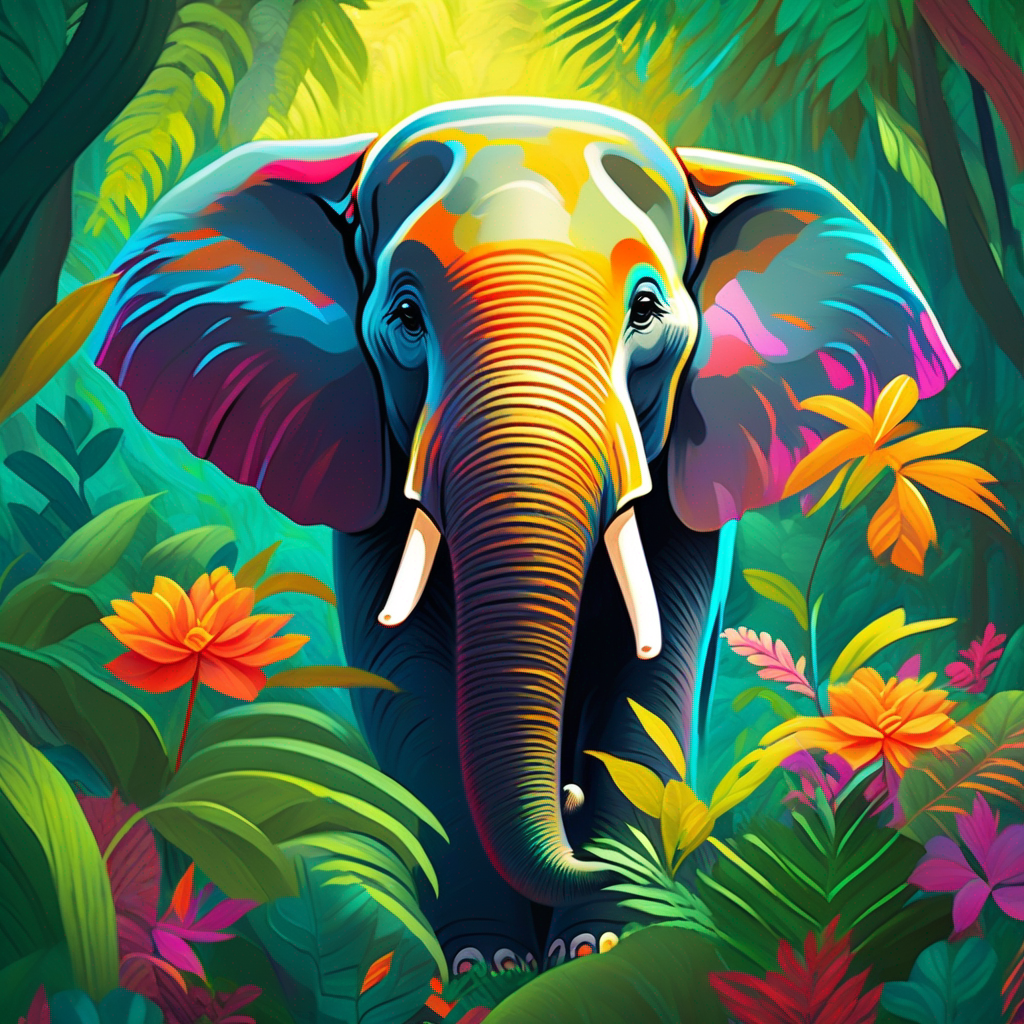 A kind-hearted elephant radiating warmth and kindness the elephant surrounded by vibrant and lush jungle